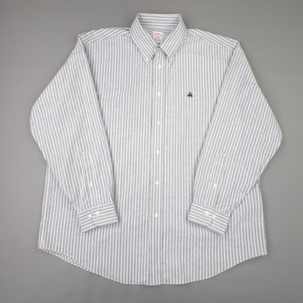 Brooks Brothers Shirt Mens XL Gray Stripe Madison Non Iron Stretch Oxford Sheep